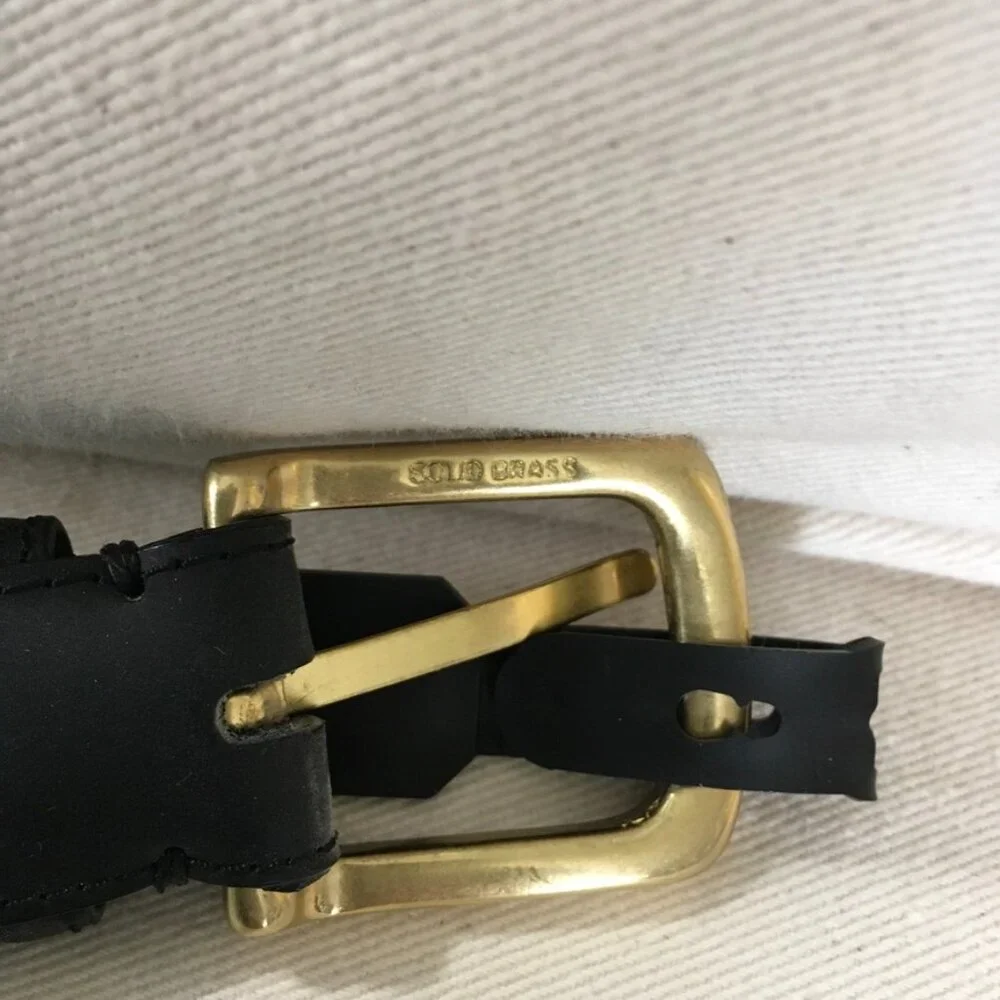 Top Grain Black Leather Belt Brass Buckle